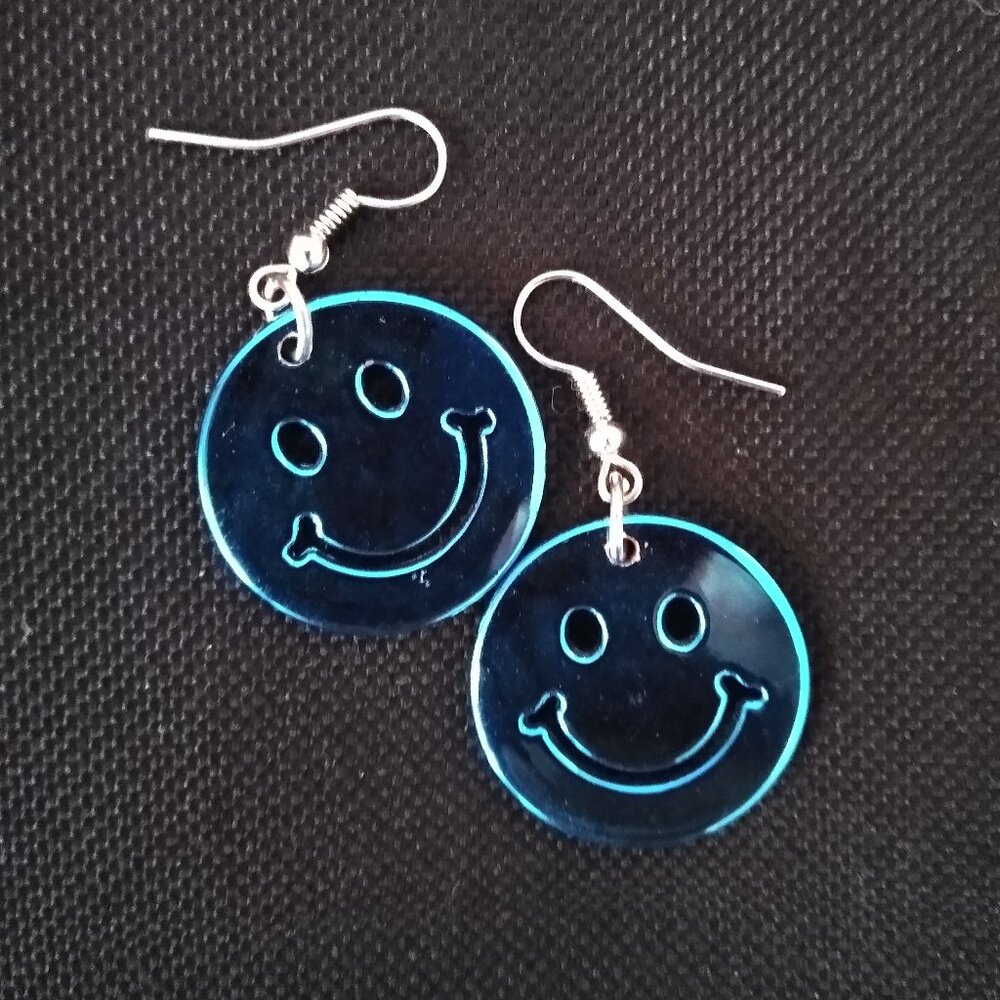 Shiny Blue Smiley Face Earrings